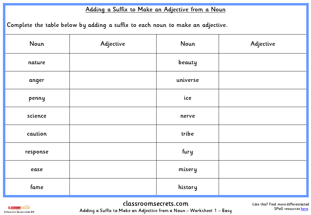 Changing Nouns Into Adjectives Worksheets