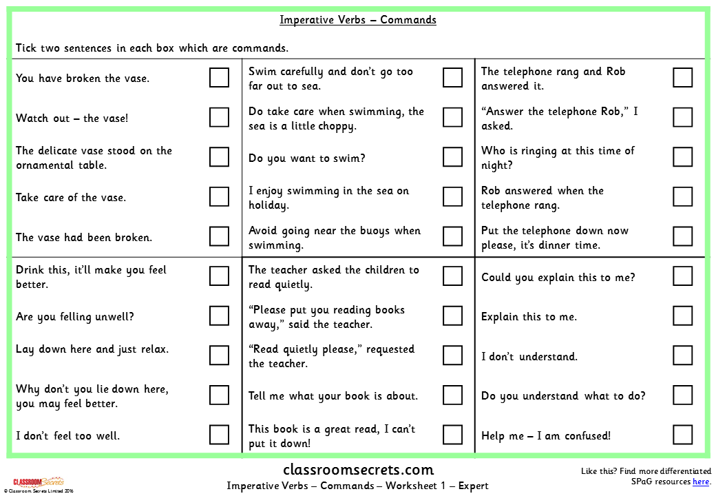 Imperative Verbs Worksheets Grade 4