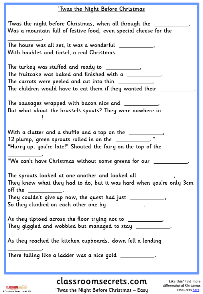 Poem Twas The Night Before Second Grade