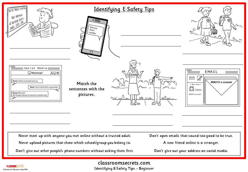 Listen to the sentences and match. Safety Worksheet. Safety Rules Worksheets. Internet Safety Tips. Internet Safety Worksheets.