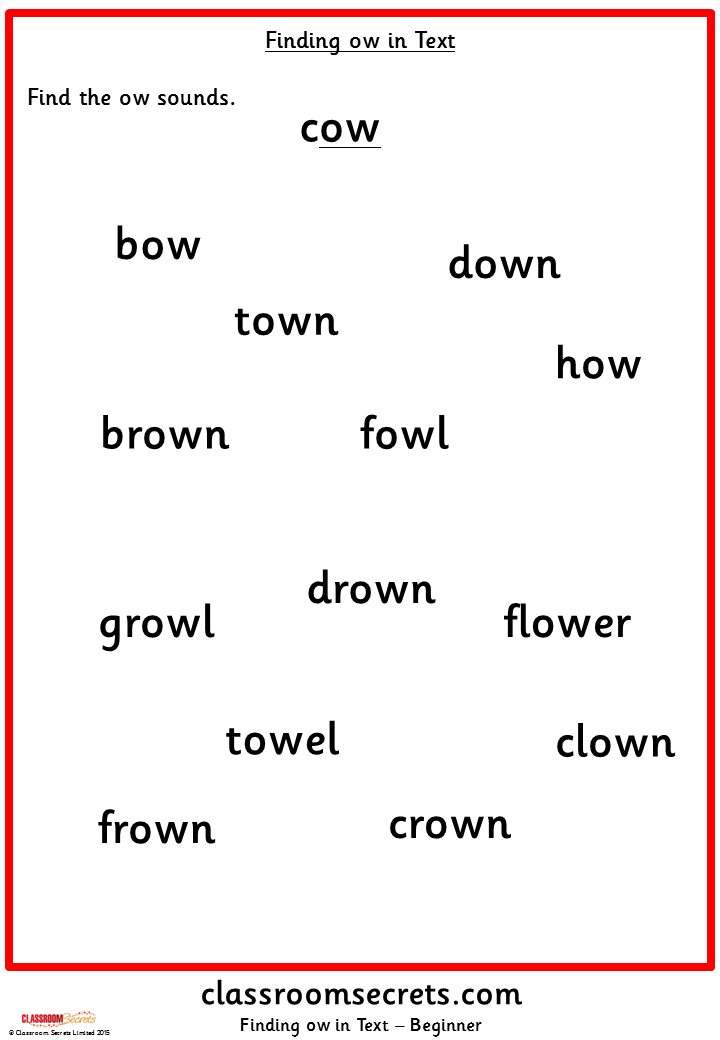 Finding 'ow' (cow) in Text Phonics Worksheets | Classroom Secrets