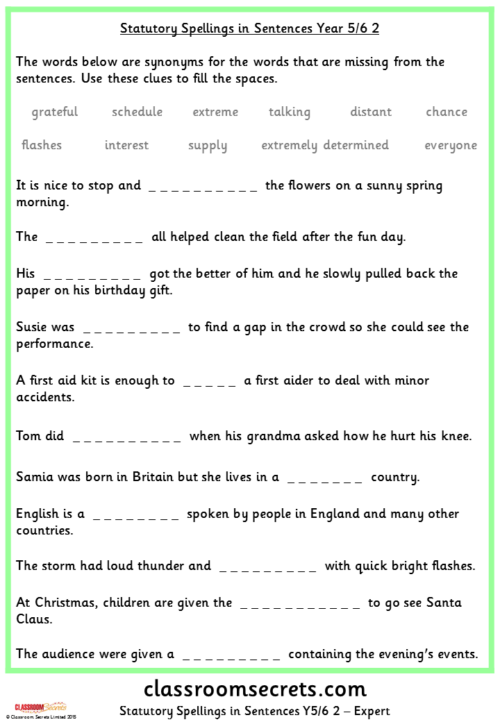 Year 5/6 Statutory Spellings in Sentences (Set 2) | Classroom Secrets