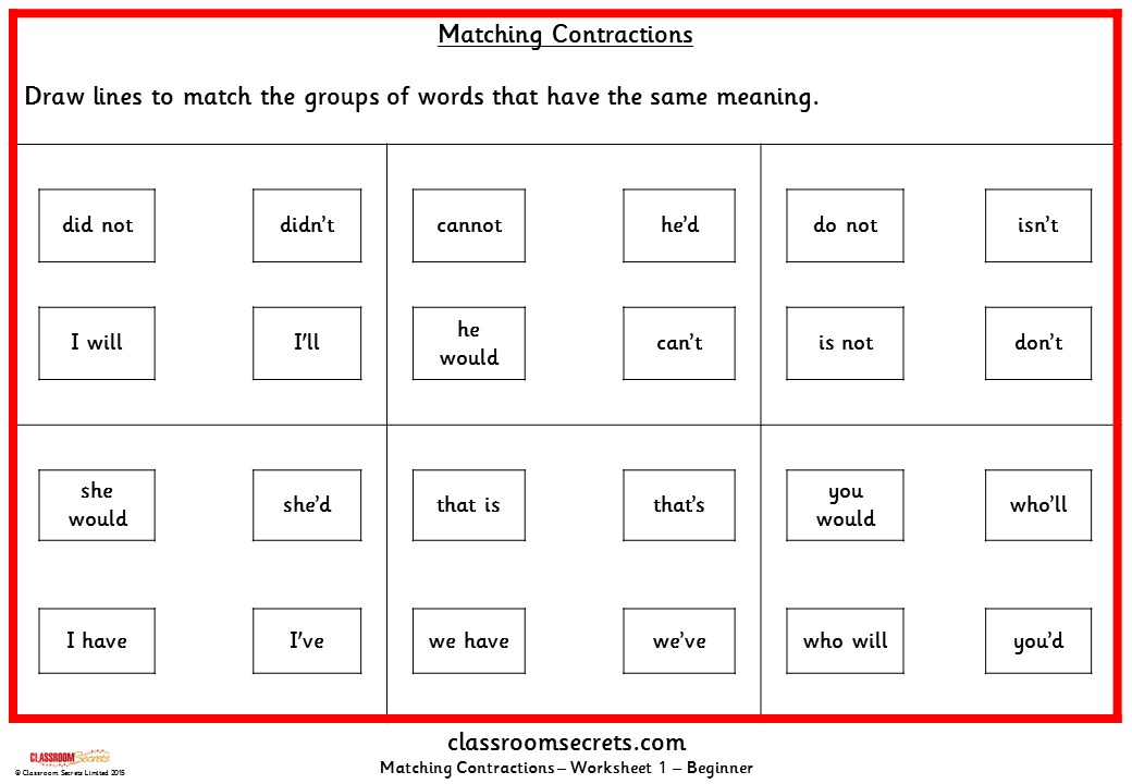 Matching Contractions KS1 SPAG Practice