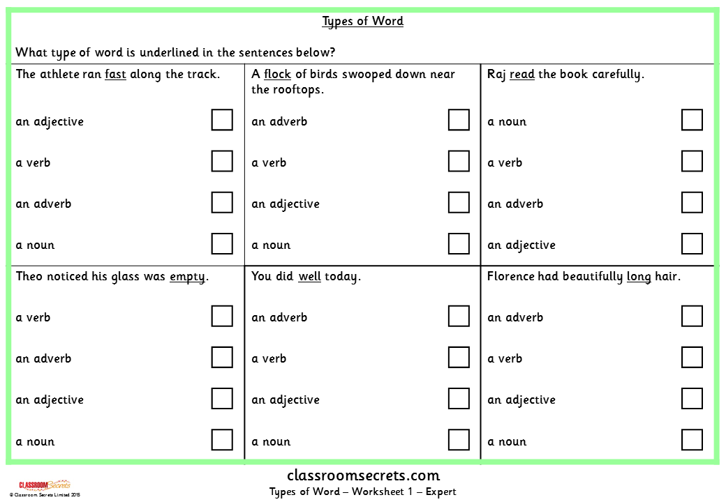 Types Of Word KS1 SPAG Test Practice