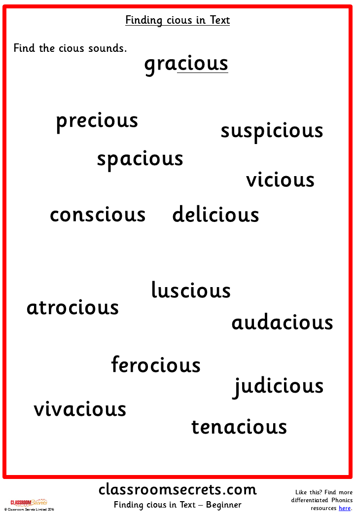 Finding 'cious' in Text Phonics Worksheets | Classroom Secrets