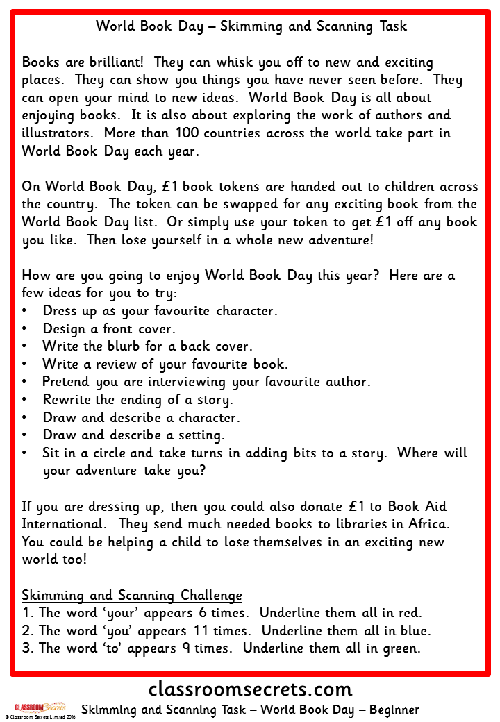 World Book Day Skimming and Scanning Task | Classroom Secrets