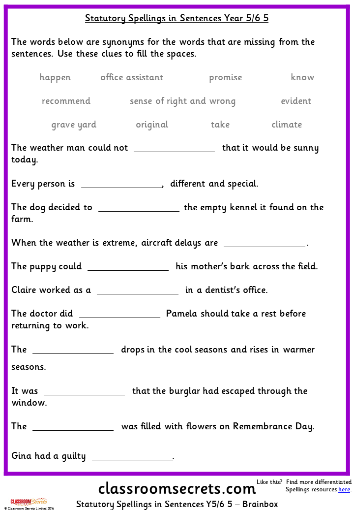 Year 5/6 Statutory Spellings in Sentences (Set 5) – Classroom Secrets ...