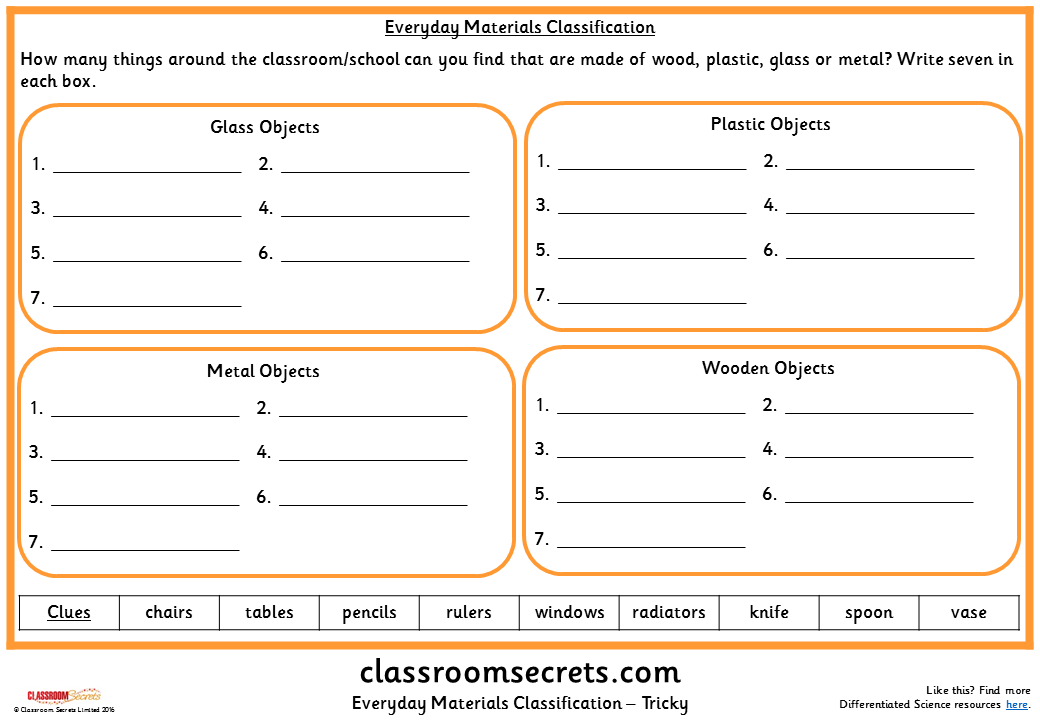 everyday materials classification classroom secrets