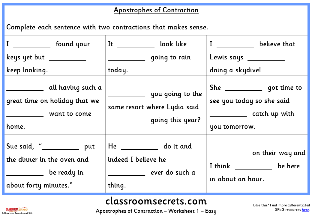 Apostrophes For Possession And Contraction Worksheet