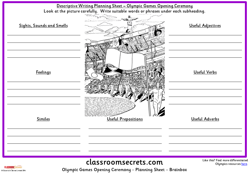 olympic games opening ceremony descriptive writing planning sheet classroom secrets