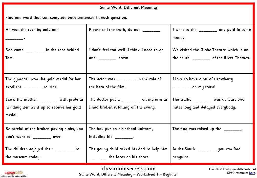 Same word. Which Word is different. The same Words with different meanings. Get meanings Worksheet.