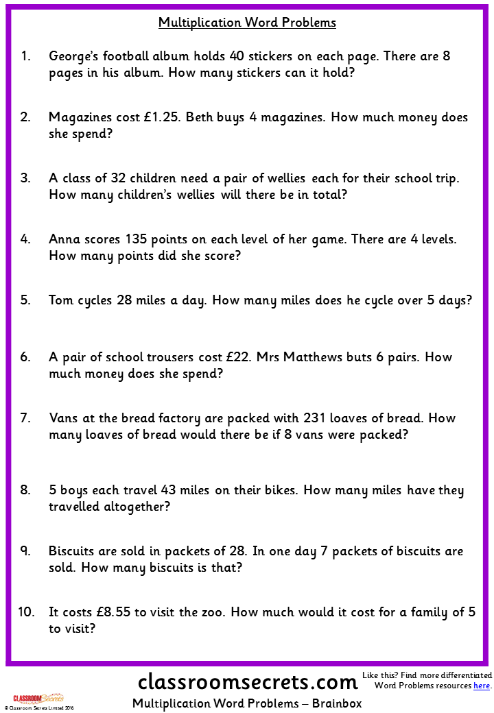 Multiplication Word Problems | Classroom Secrets