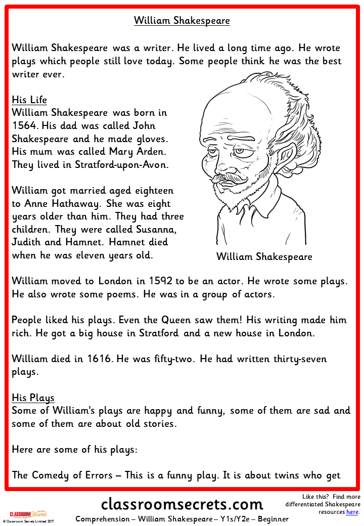 William Shakespeare Comprehension | Classroom Secrets
