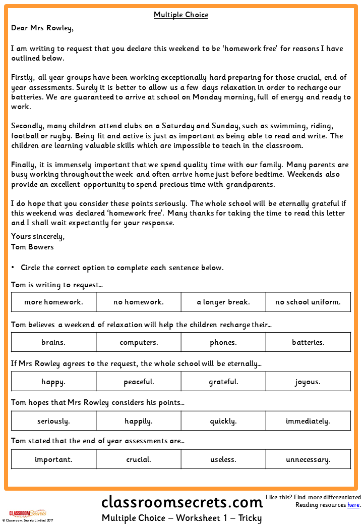 Multiple Choice KS2 Reading Test Practice | Classroom Secrets