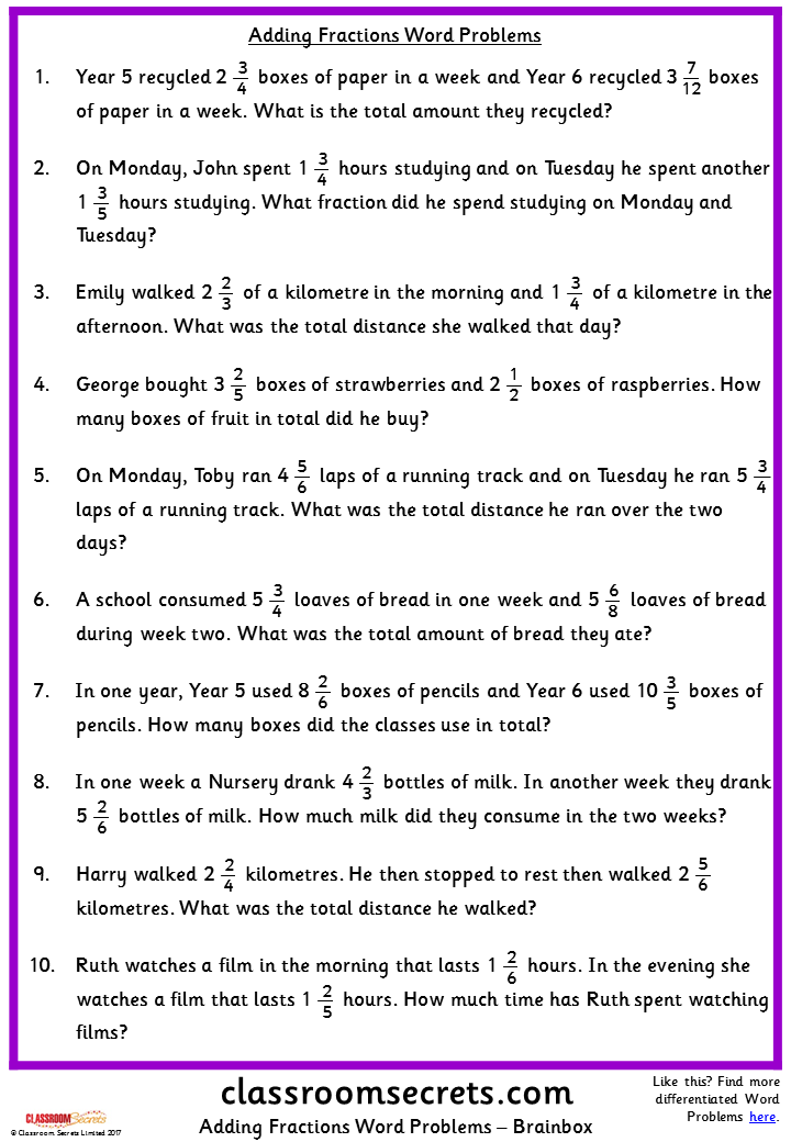 Adding Fractions Word Problems | Classroom Secrets