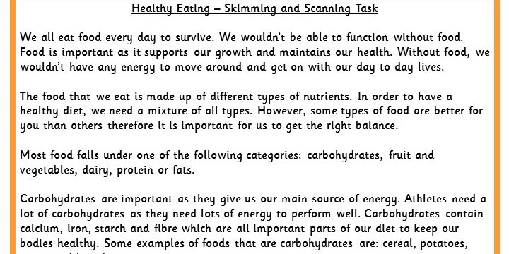 Healthy Eating Skimming and Scanning Task | Classroom Secrets