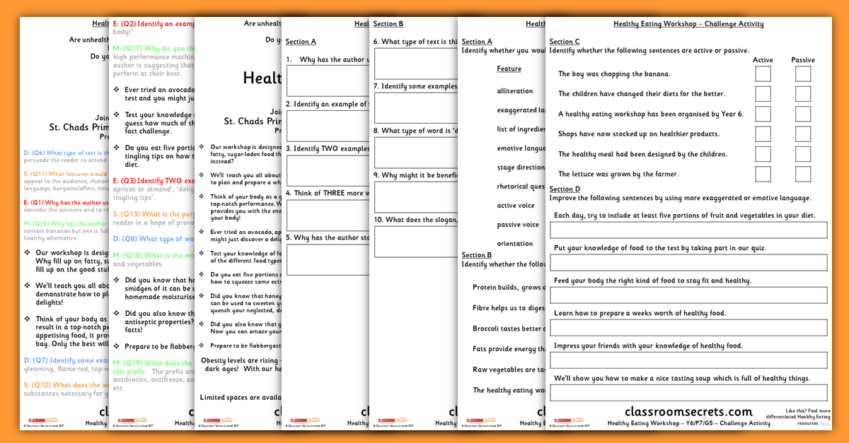 Healthy Eating Comprehension Resources Year 6