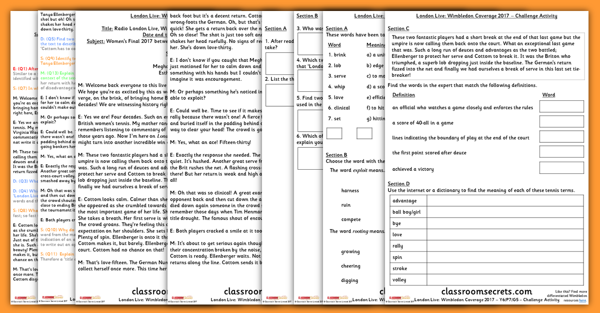 Year 6 Wimbledon Comprehension Resources
