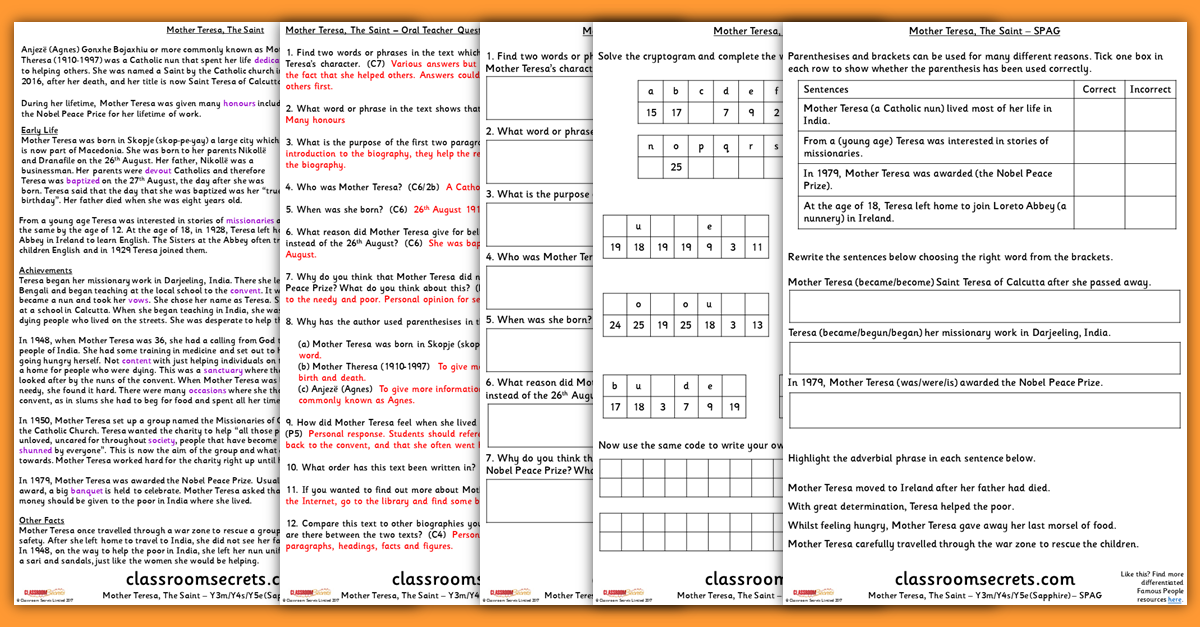 Mother Teresa KS2 Guided Reading Resources