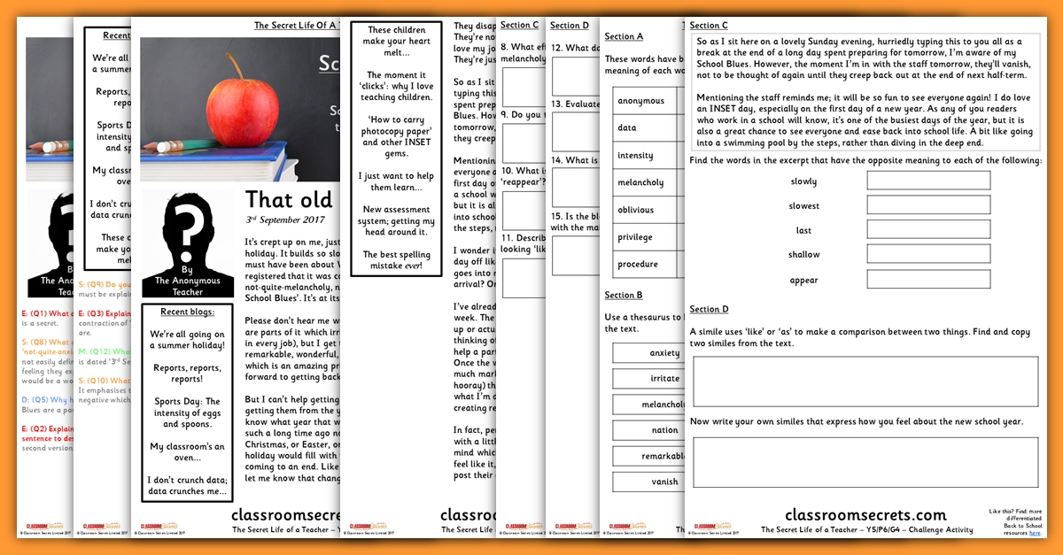 Year 5 Back to School Comprehension Resources