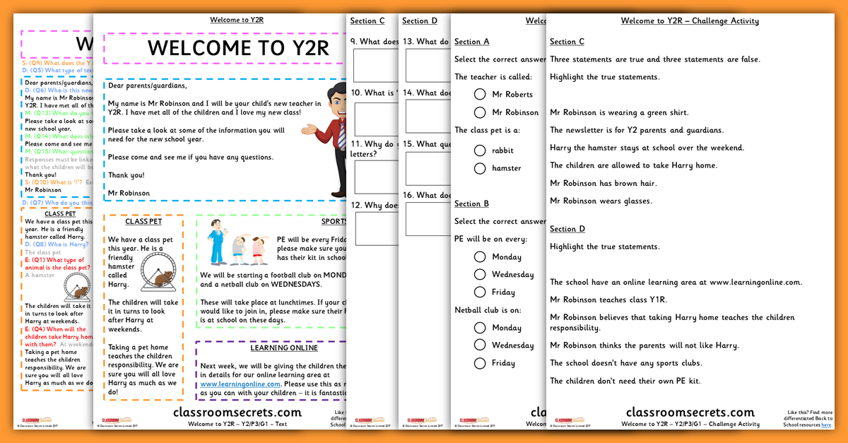 Year 2 Back to School Comprehension