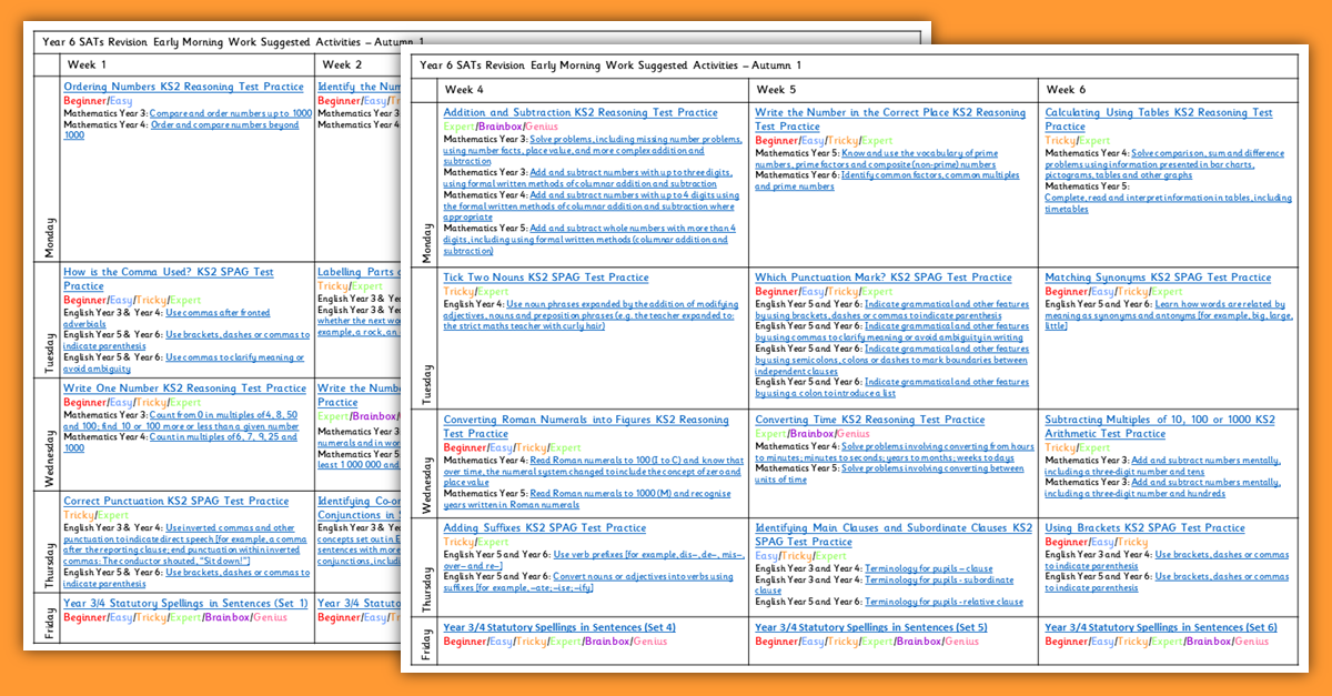 free early morning work year 6 sats revision timetable classroom secrets