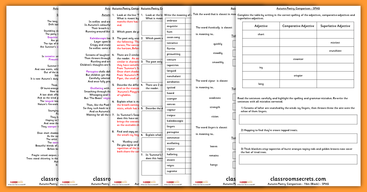 Autumn Poetry Comparison Year 6 Mastery Guided Reading Resources