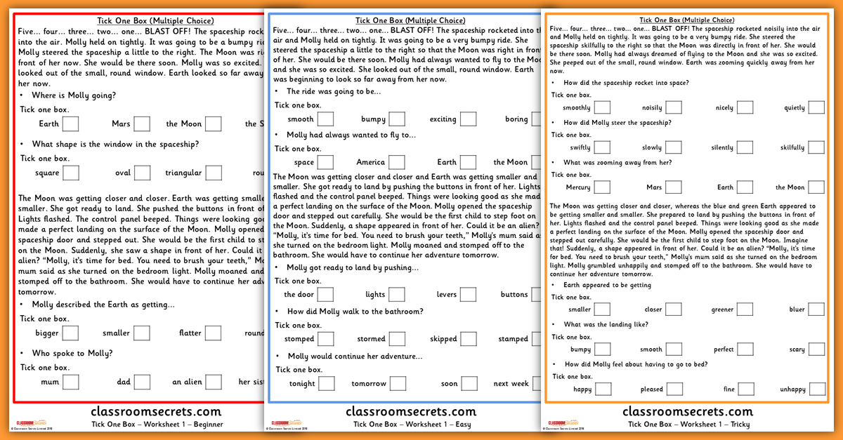 KS1 Reading Tick One Box Multiple Choice Resources
