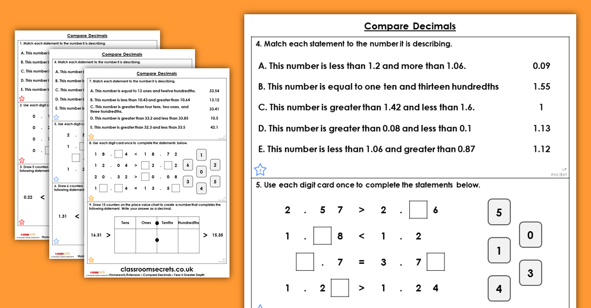Compare Decimals Homework Year 4 Decimals Homework