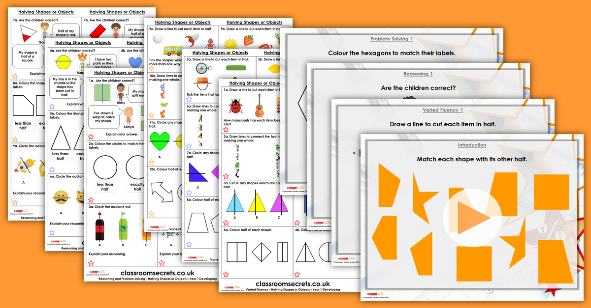halving shapes or objects year 1 fractions free resource pack