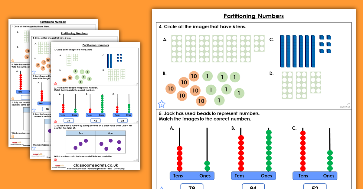partitioning numbers homework extension year 1 place value classroom secrets