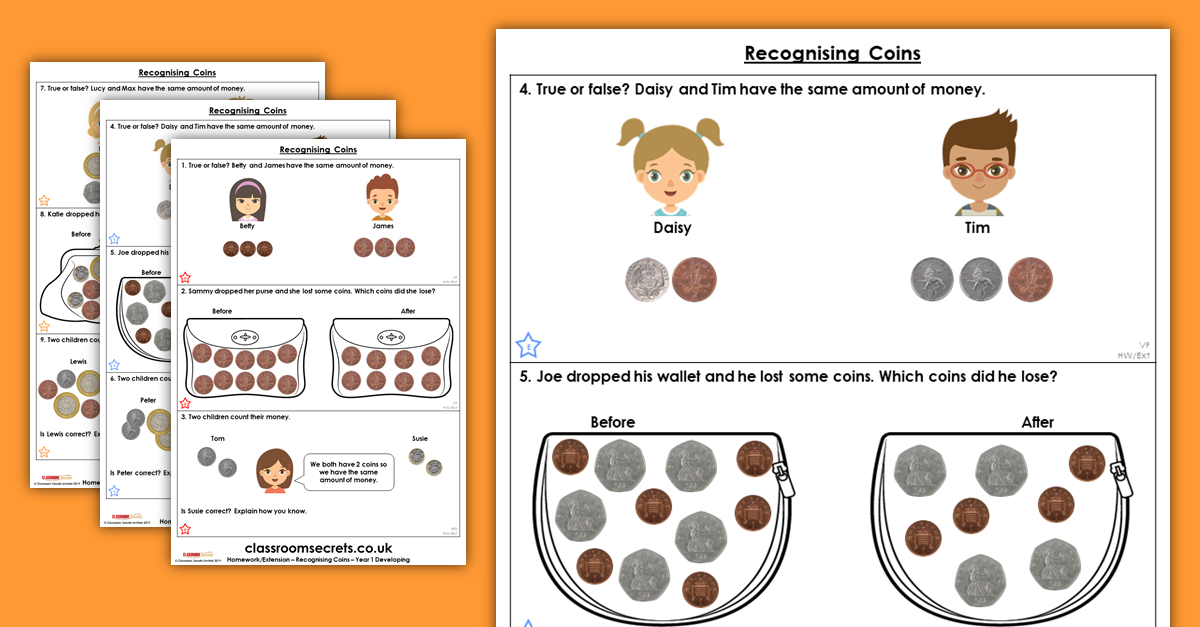 Free Recognising Coins Homework Extension