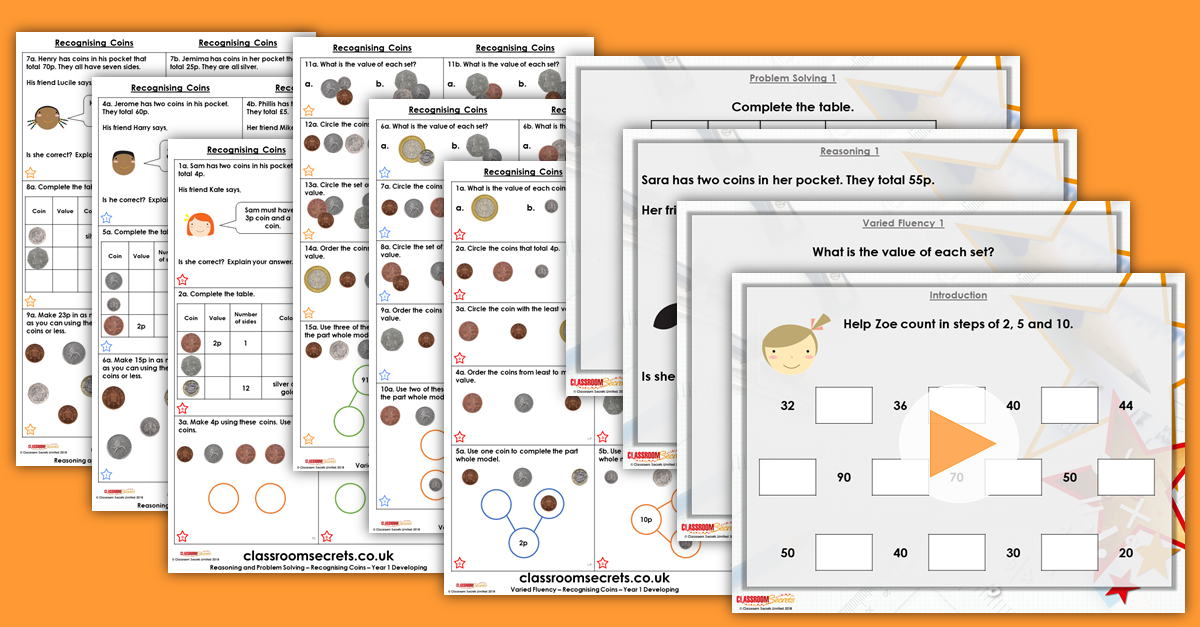 recognising coins year 1 money free resource pack classroom secrets