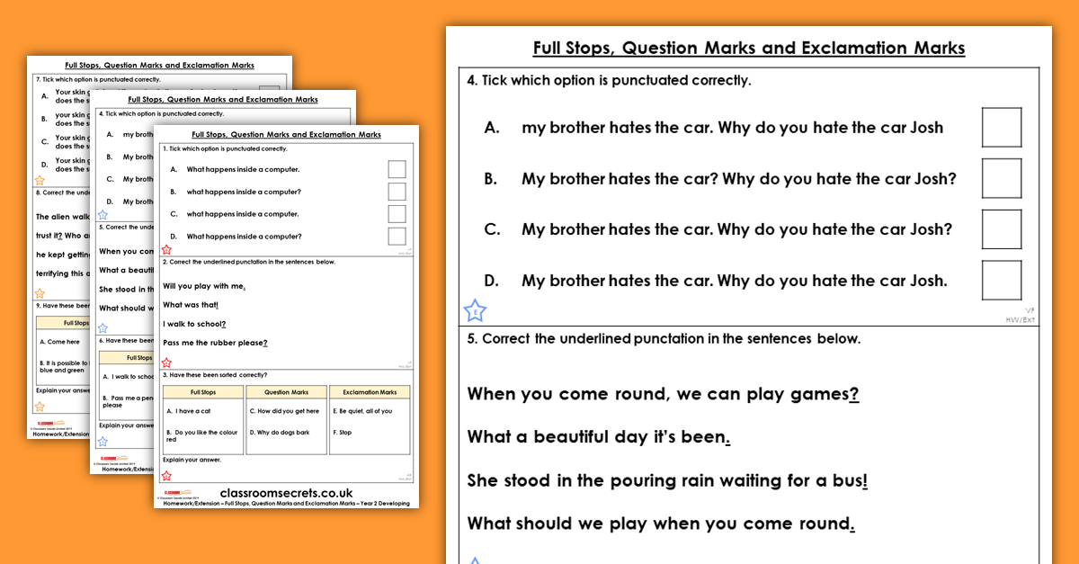 Year 2 Full Stops, Question Marks and Exclamation Marks Homework