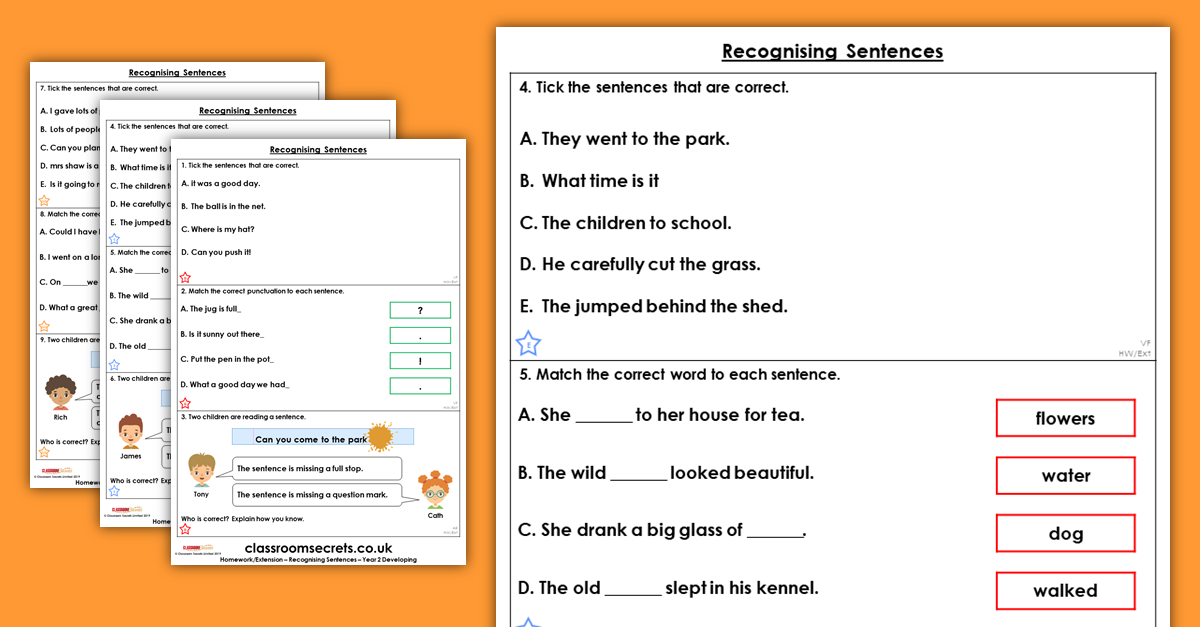 Year 2 Recognising Sentences Homework