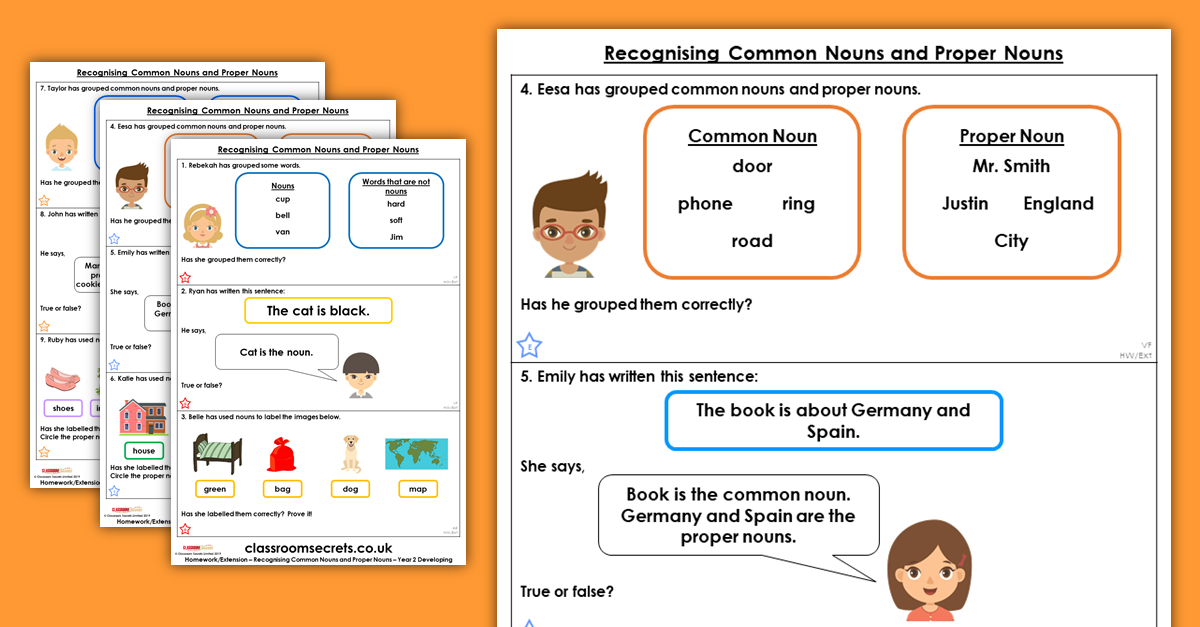 Year 2 Recognising Common Nouns and Proper Nouns Homework