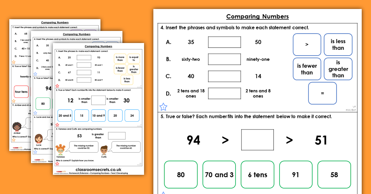 Comparing Numbers Year 2 Homework