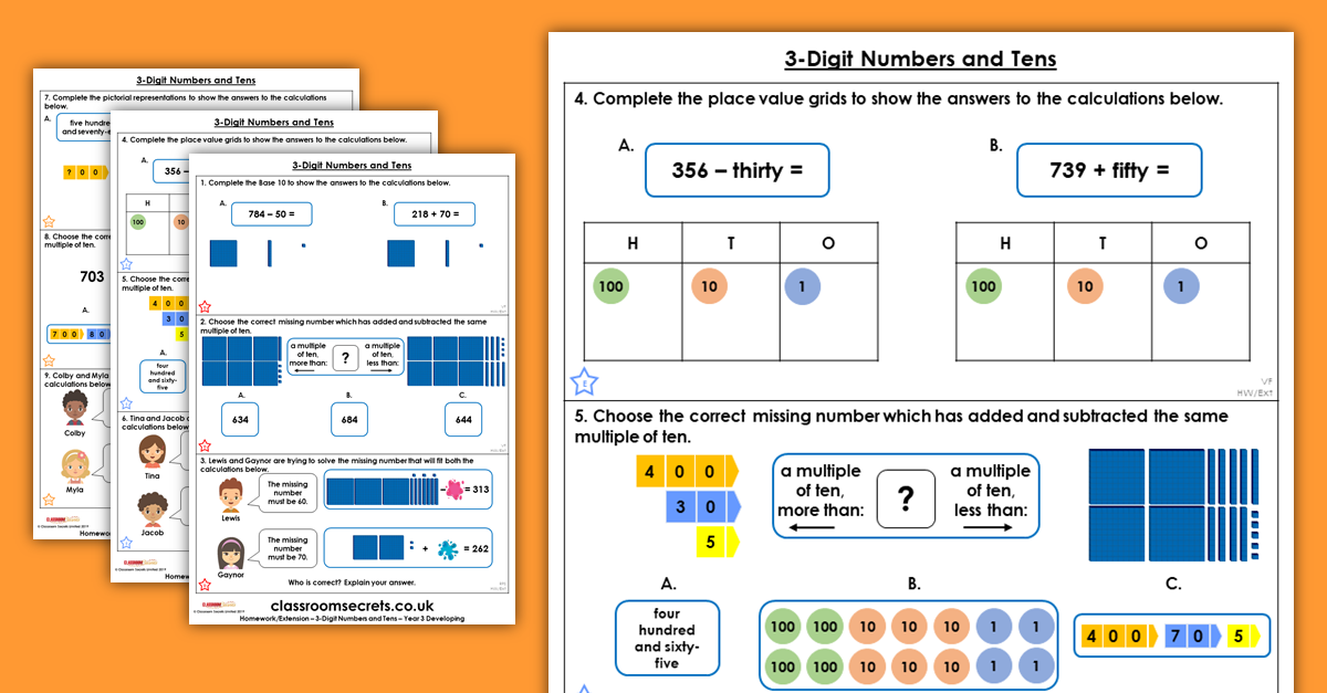 3-Digit Numbers and Tens Homework