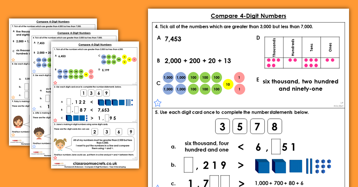Compare 4-Digit Numbers Year 4 Homework 