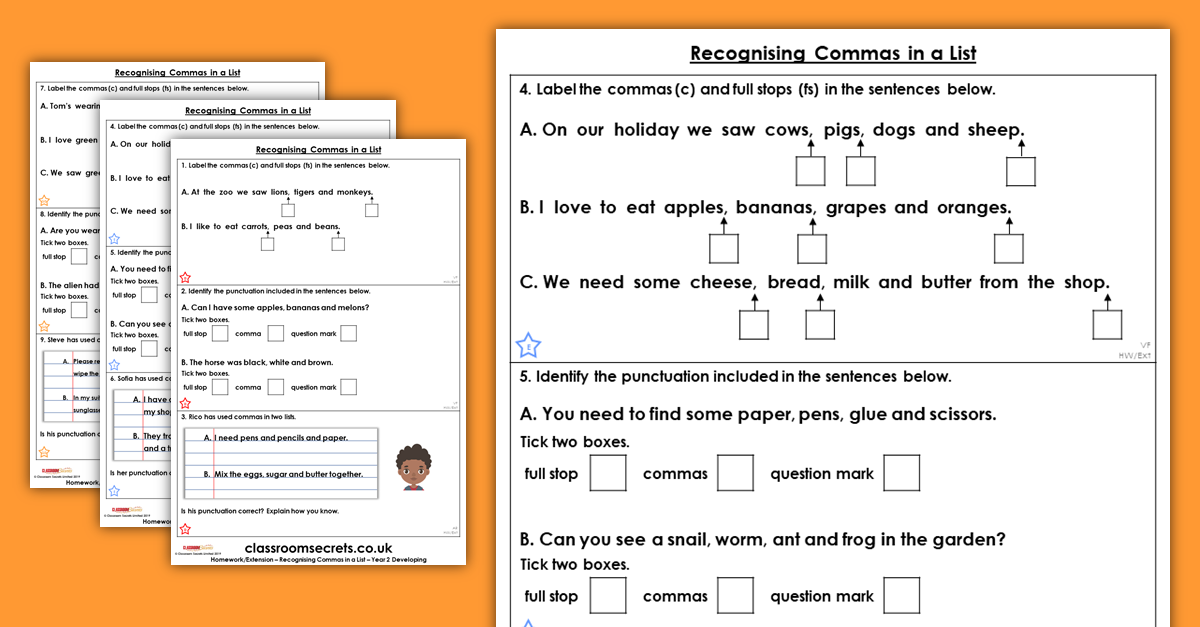 Year 2 Recognising Commas in a List Homework