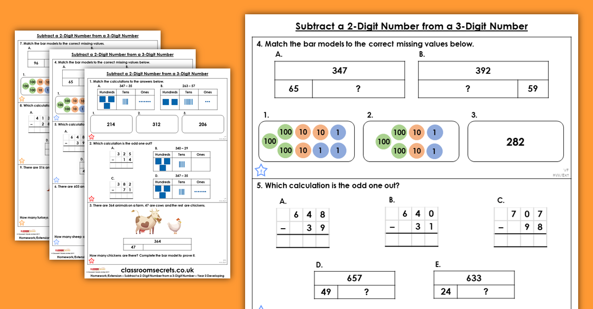 Subtract a 2-Digit from 3-Digits Homework