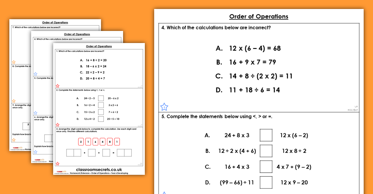 Order of Operations Numbers Homework