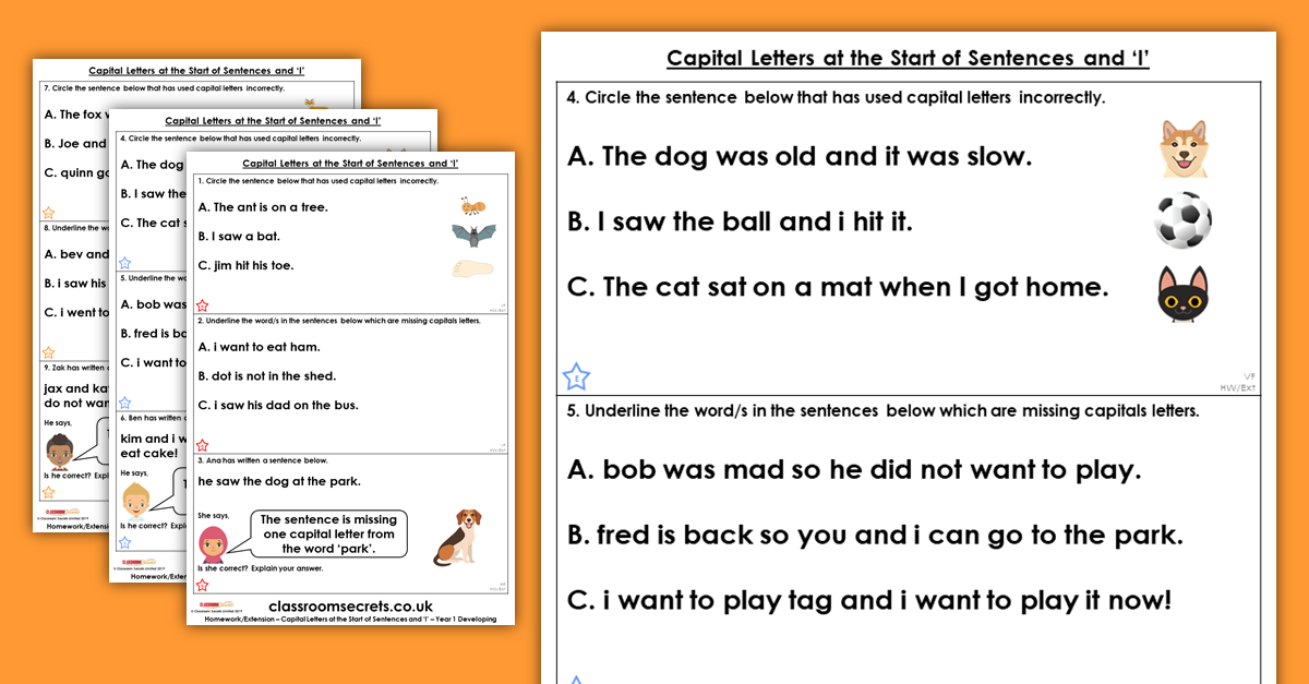 Year 1 Capital Letters at the Start of Sentences and ‘I’ Homework