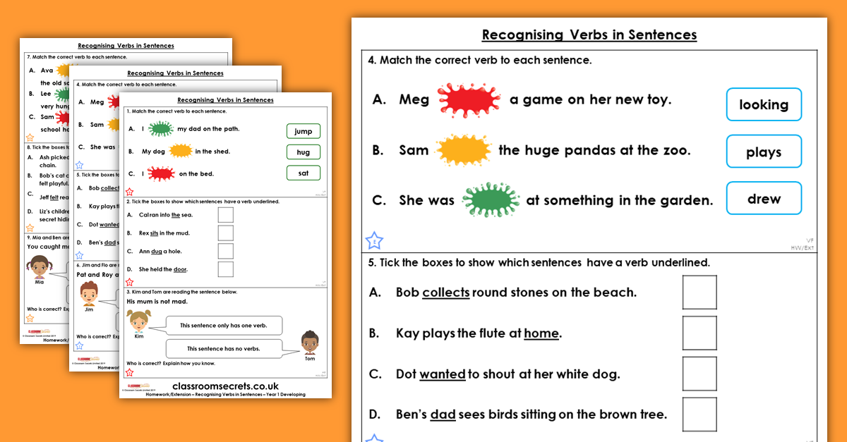 Year 1 Recognising Verbs in Sentences Homework