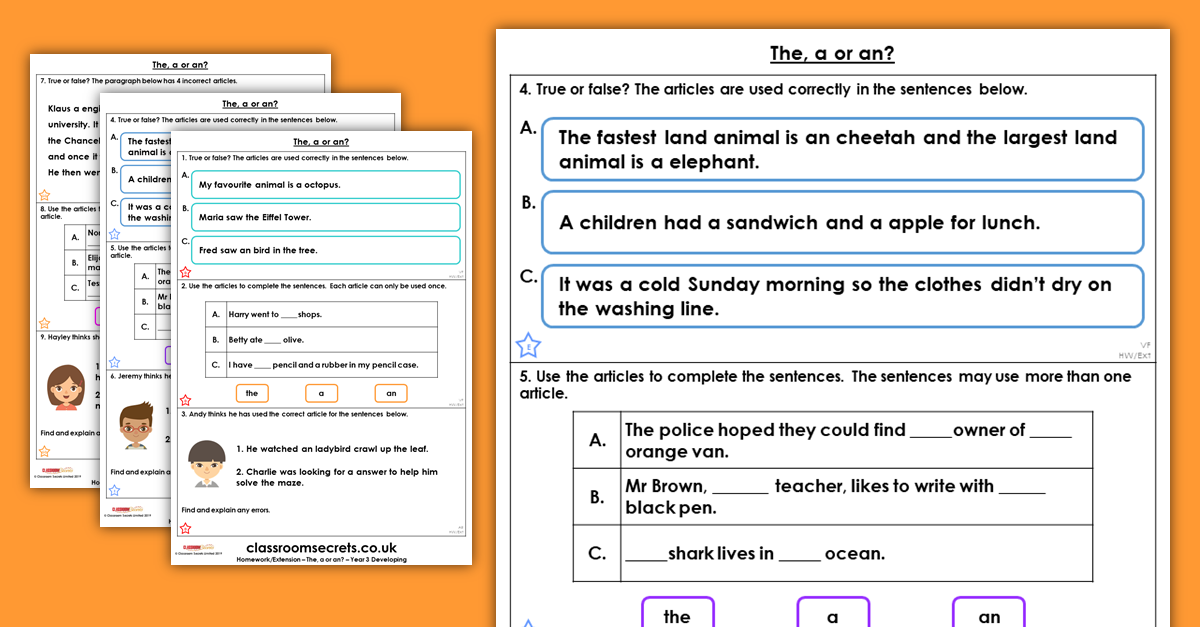 Year 3 The A Or An Homework Extension Determiners Classroom Secrets