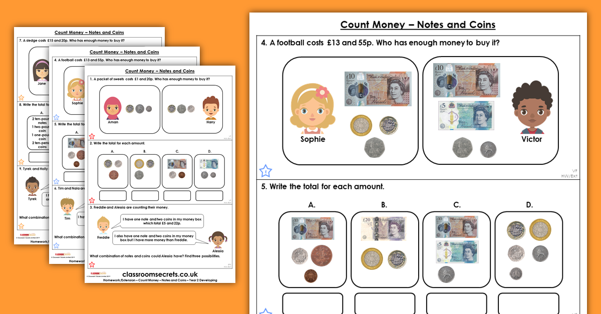 count money notes and coins homework extension year 2 money classroom secrets