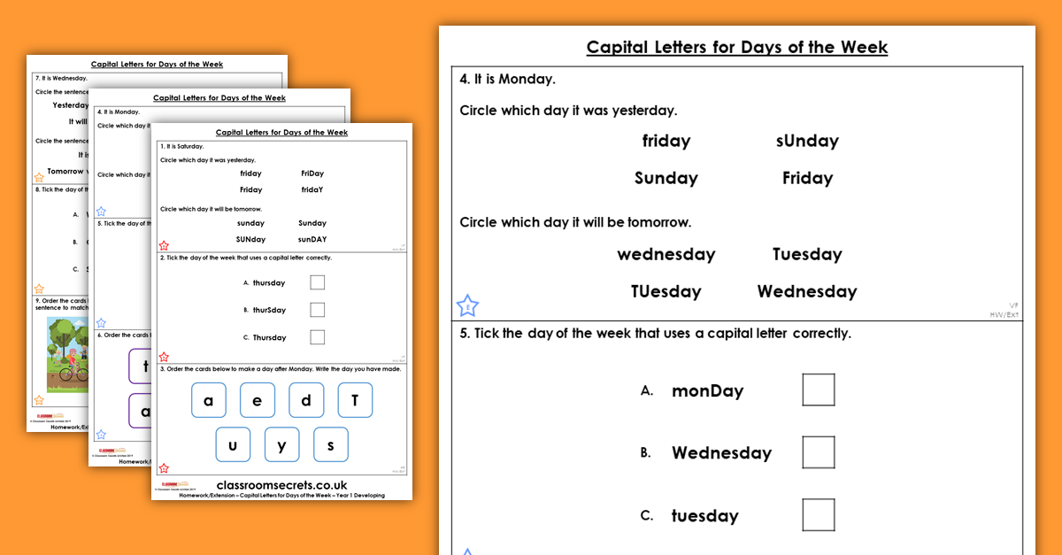 Year 1 Capital Letters for Days of the Week Homework