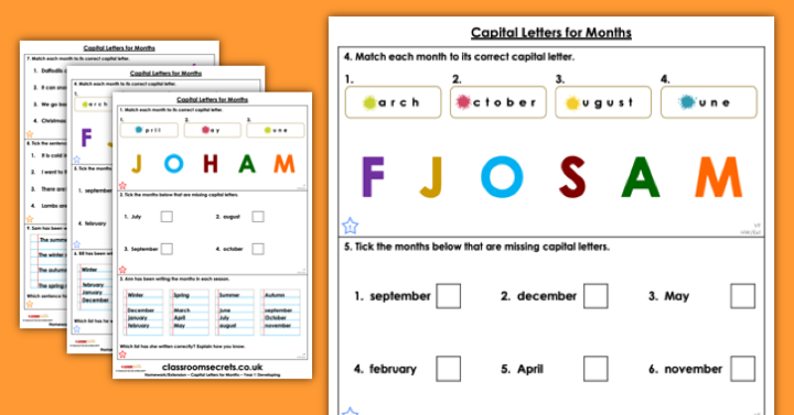 Year 1 Capital Letters for Months Homework