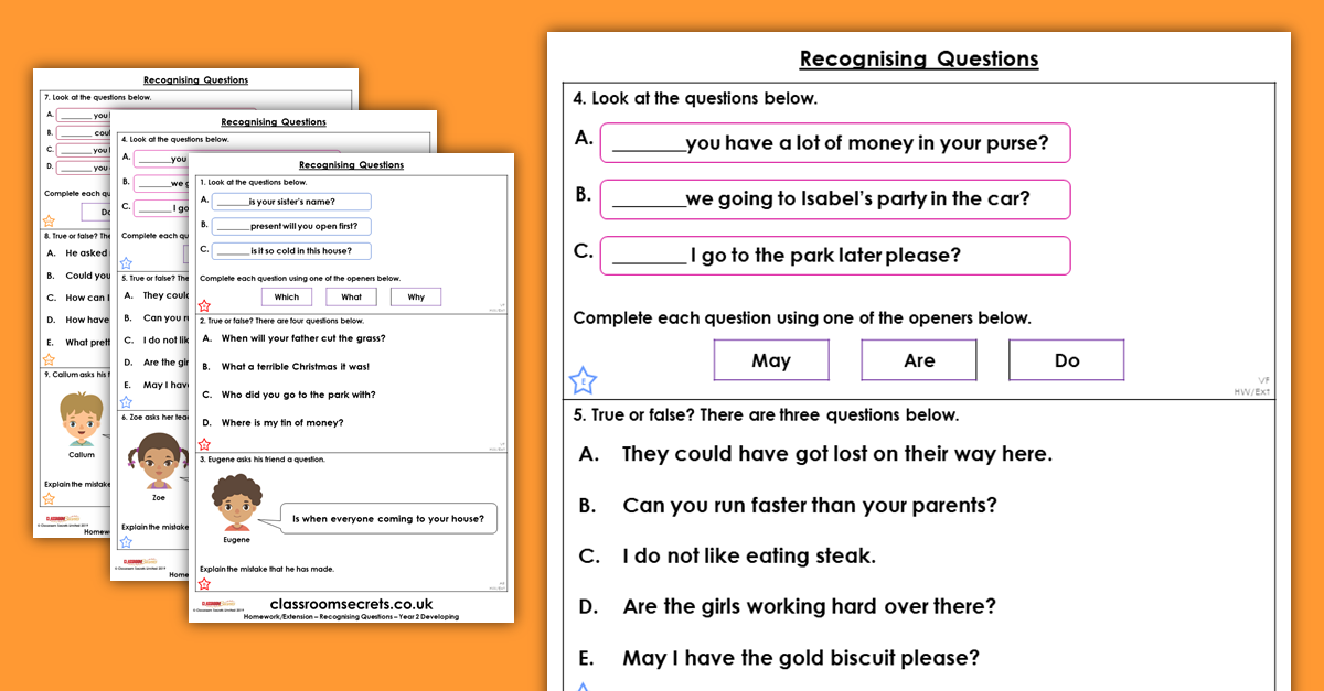 Free Year 2 Recognising Questions Homework