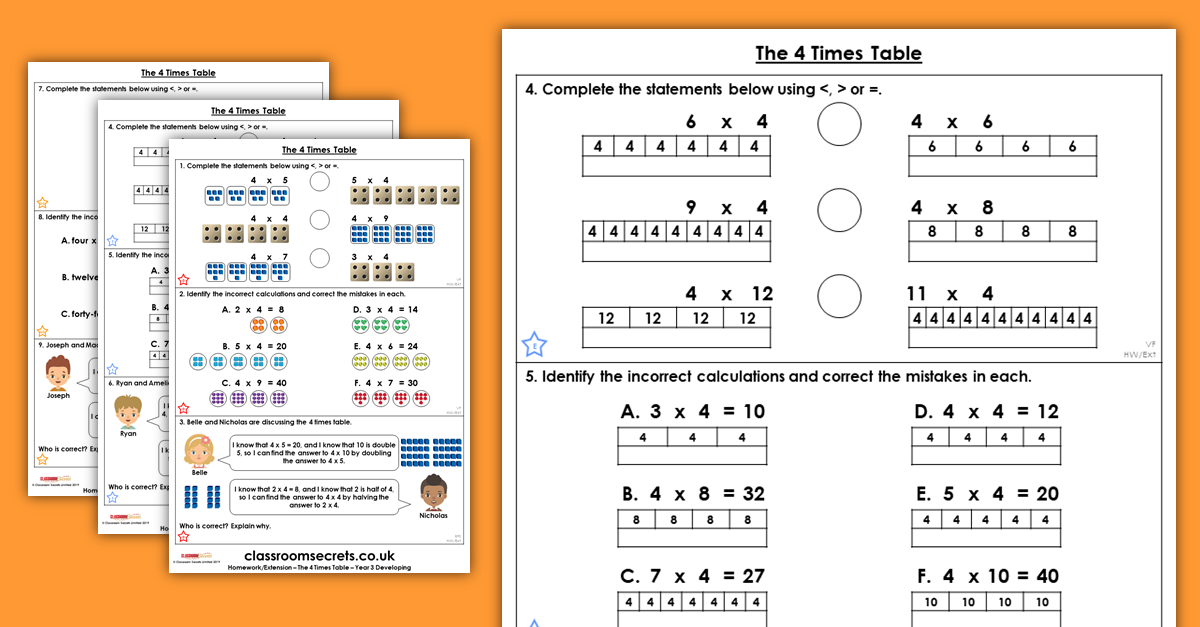 The 4 Times Table Homework Extension Year 3 Multiplication And